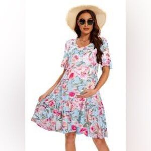 Smallshow blue & pink floral ruffle sleeve tiered maternity dress, XL.
